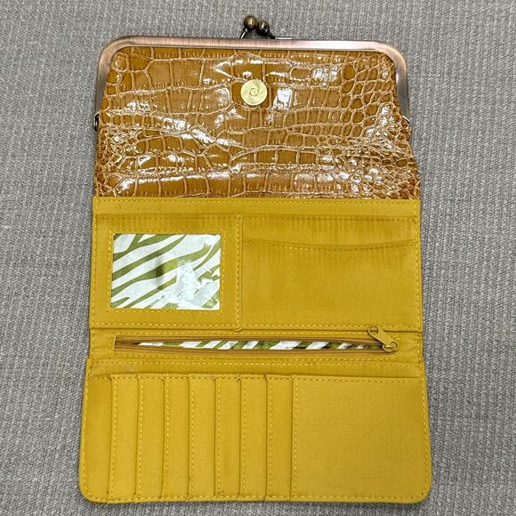 Chic Camel brown faux croc leather wallet, glam gold mini clutch event bag - Picture 2 of 7